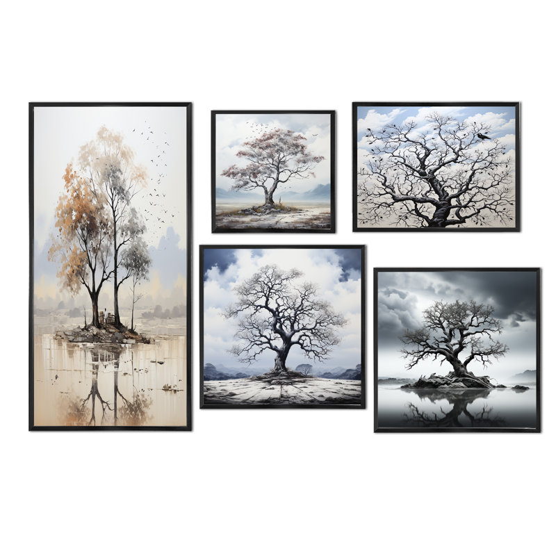 Subtile élégance de l'arbre monochrome I - ensemble de 5 impressions sur toile monochromes, Cadre flottant noir