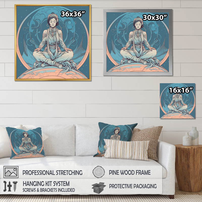 «Retro Yogini Meditation Harmony» en bleu délavé sur toile, H 24 po x l 24 po, Toile tendue