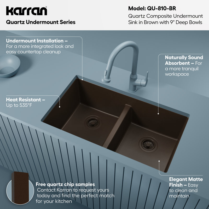 Karran Quartz 32'' X 19-1/2'' 50/50 Double Bowl Composite Undermount Kitchen Sink, Brown