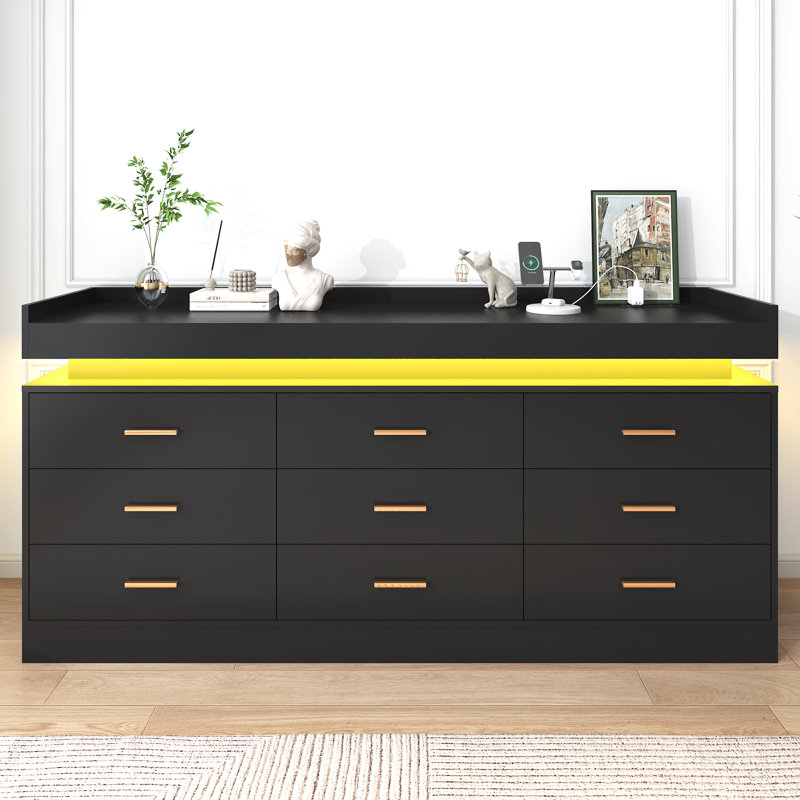 Tyson 9 - Drawer Dresser with LED Strip and Quick-charging Power Station, Black