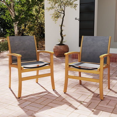 2 Pcs Outdoor Dining Chairs Acacia Wood Patio Chairs With Breathable Fabric Seat by Lark Manor