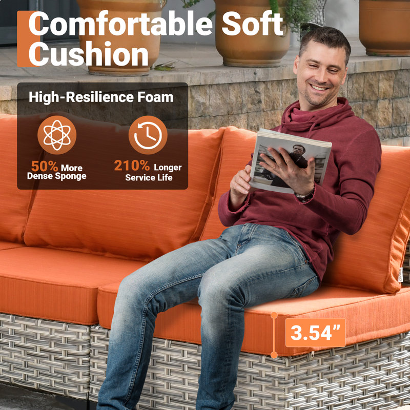 Emroy 4 - Person Outdoor Wicker Sectional Seating Group with Lighted Coffee Table, Modern Modular Rattan Conversation Set with Cushions