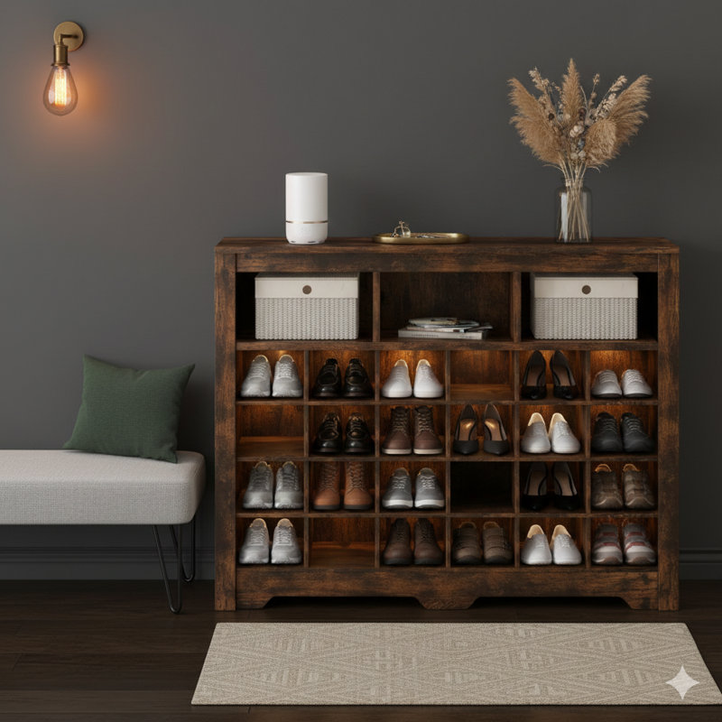 Sleek Design 24-Cubby Storage Console, Modern Shoe Cabinet With Curved Base, Versatile High-Quality Sideboard For Hallways, Bedrooms, Living Rooms, Rustic Brown Finish