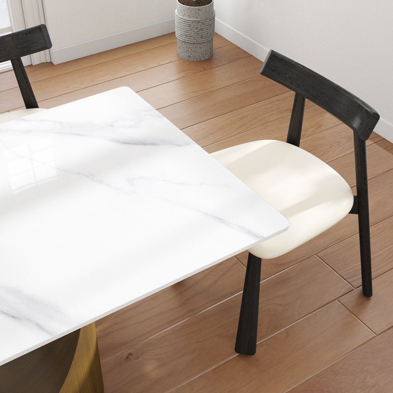 5-Piece Modern Rectangular Sintered Stone Dining Table Set With 4 Faux Leather Chairs, Snow White, Beige/Black, Gold