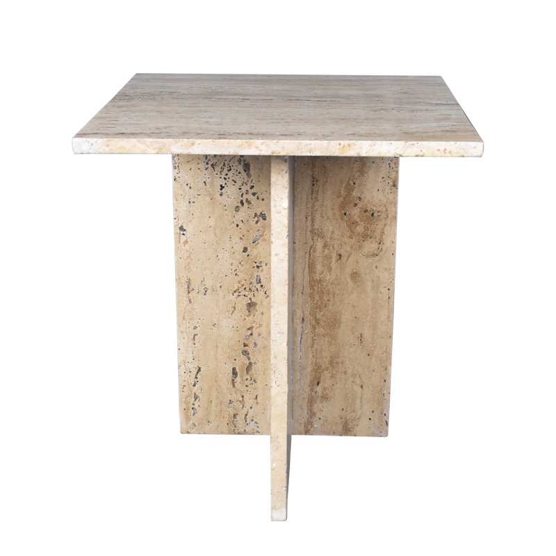 Cecil Modern 18.5" Square Natural Marble End Table with Cross Base, Glossy Travertine Solid Stone Accent Side Table for Living Room