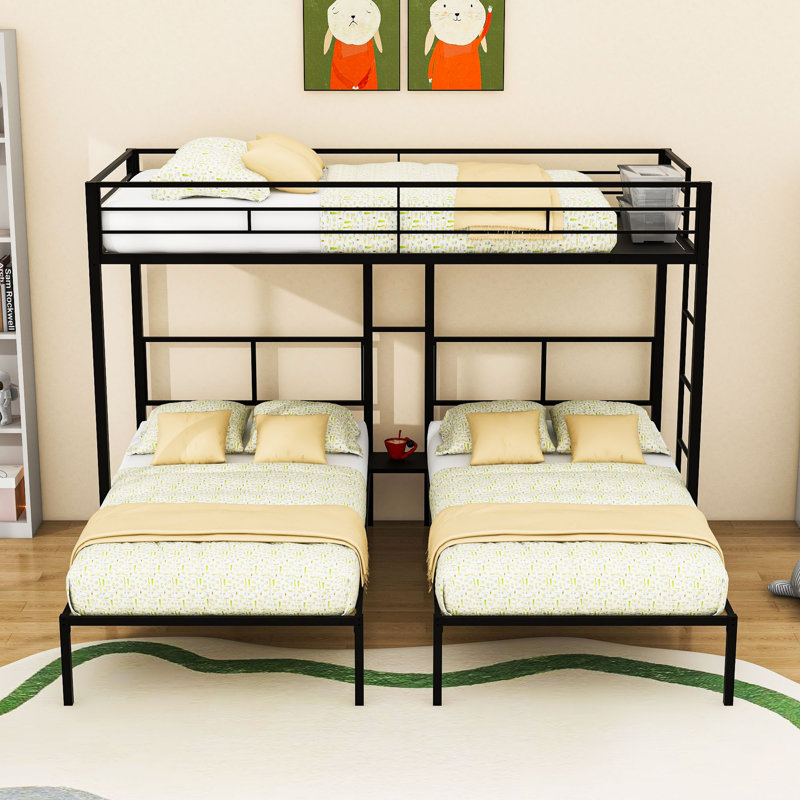 Twin Over Twin And Twin Metal L-Shaped Triple Bunk Bed With Built-In Side Table And Ladder