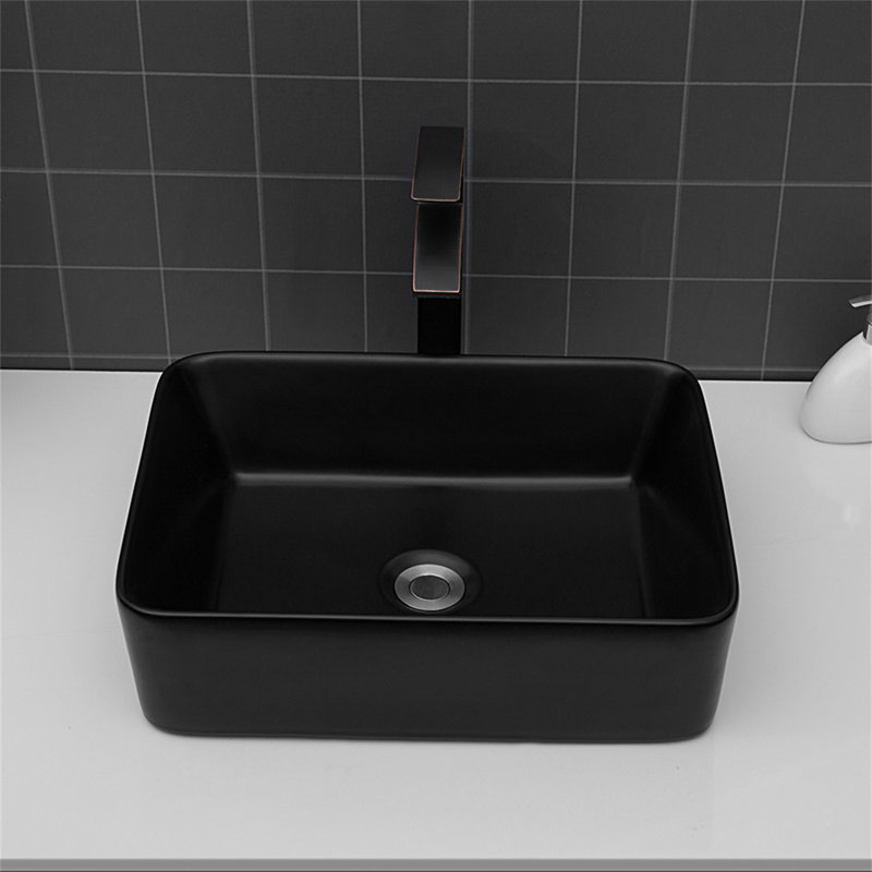 19"X15" Black Ceramic Rectangular Vessel Bathroom Sink, Black