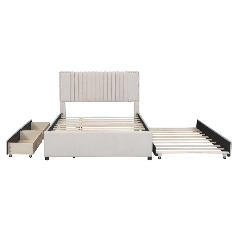 Lit plateforme double tapissier pleine grandeur avec 2 tiroirs et 1 lit gigogne simple, tête de lit classique, beige, Beige