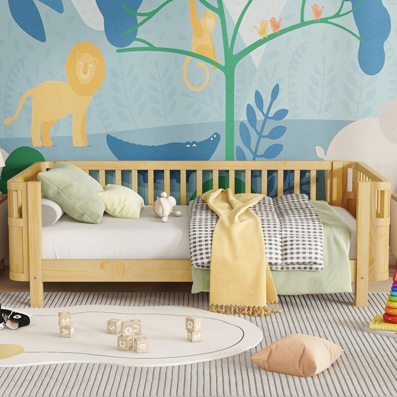 Lit plateforme simple en bois pour enfants, lit simple en bois à profil bas avec rails pour filles et garçons, naturel