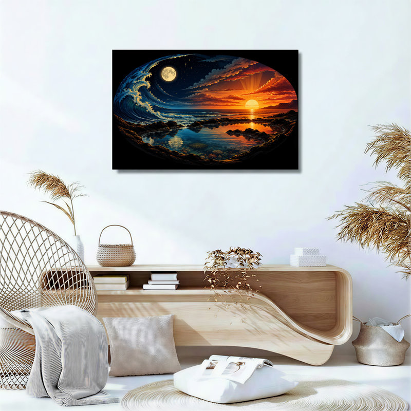 Tableau sur toile représentant une vague bleue et un coucher de soleil orangé avec lune et étoiles, H 18 po x l 24 po