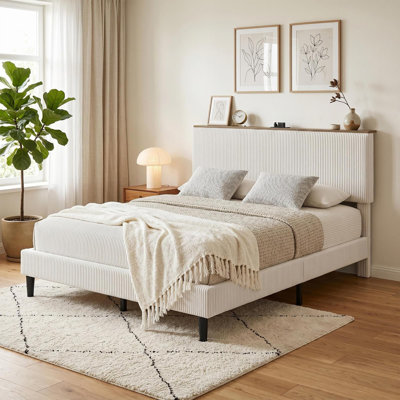 Queen Bed Frame with Headboard, Upholstered Platform Bed Frame | Corduroy Design With Storage Headboard, Charging Station, Led Lights, Noise Free ,Wooden Slats And No Box Spring