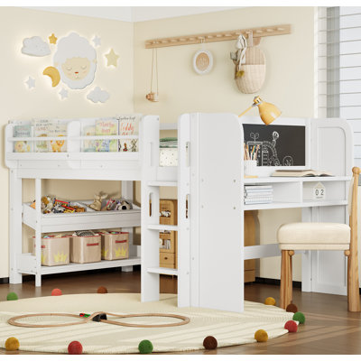 Lit mezzanine simple avec bibliothèques, boîtes et tiroirs à rangement multiples, lits mezzanine bas en bois massif avec bureau et tableau noir, aucun sommier nécessaire, blanc