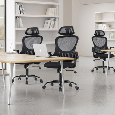 Ergonomic Office Chair, High-Back Computer Desk Mesh Swivel Task Chairs With Flip-Up Armrest Adjustable Headrests, Comfortable Lumbar Support Rolling Wheels, For Home, Work, Study