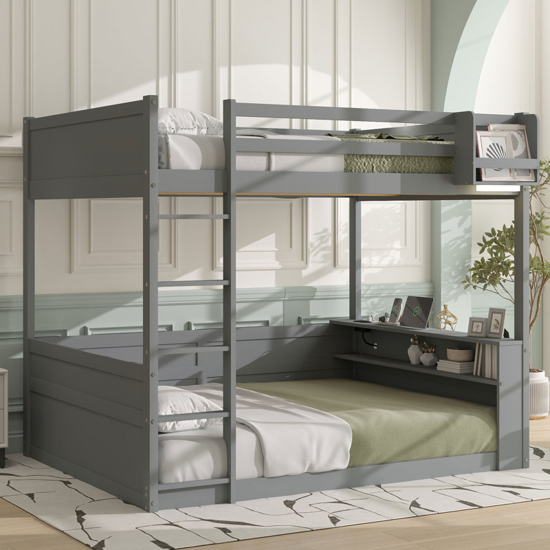 Grand lit superposé en bois avec tablettes et chargement USB, Gris