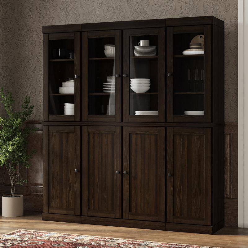 Vaisselier 100% bois massif, portes Shaker en verre transparent et tablettes réglables, largeur 65 po, hauteur 71,5 po
