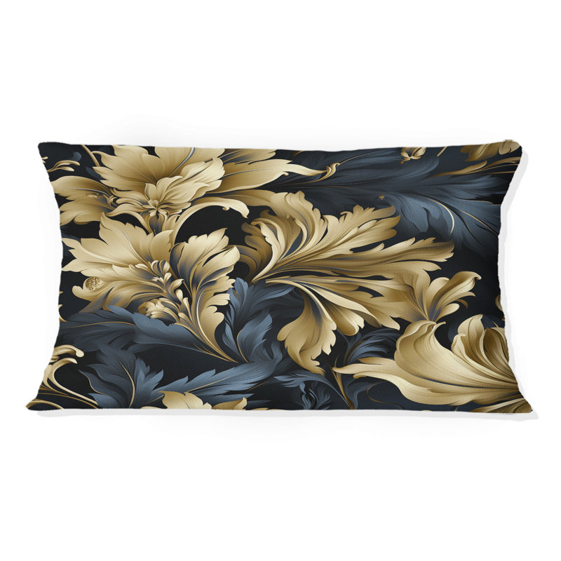 Coussin en polyester floral bleu foncé et doré