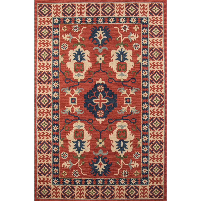 Tapis rouge / beige / bleu en laine touffeté à la main Adrien, Rectangle 7 pi 6 po x 9 pi 6 po