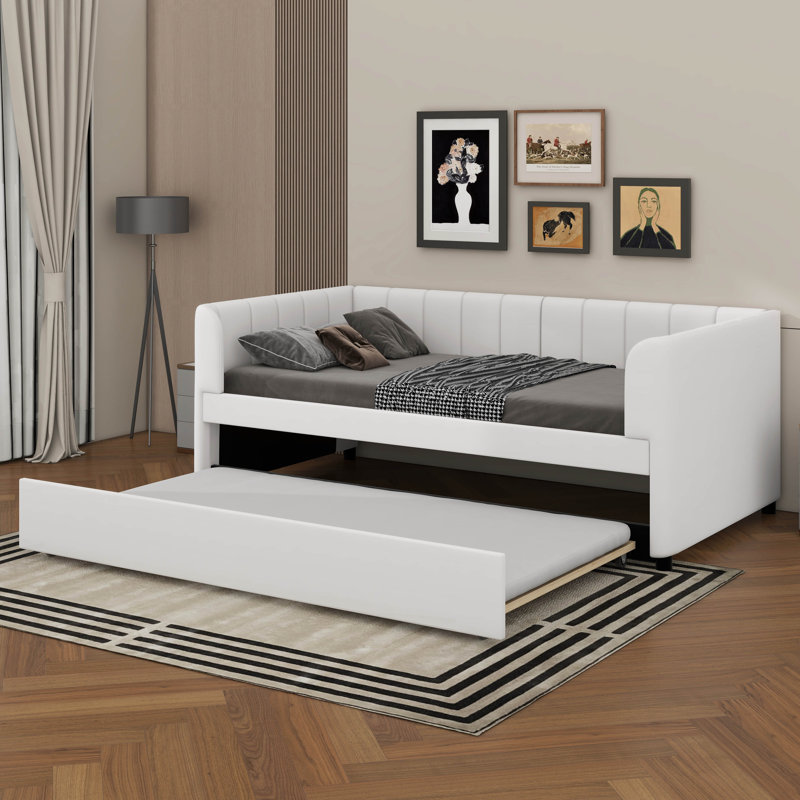 Twin Size Upholstered Daybed With Trundle, Beige