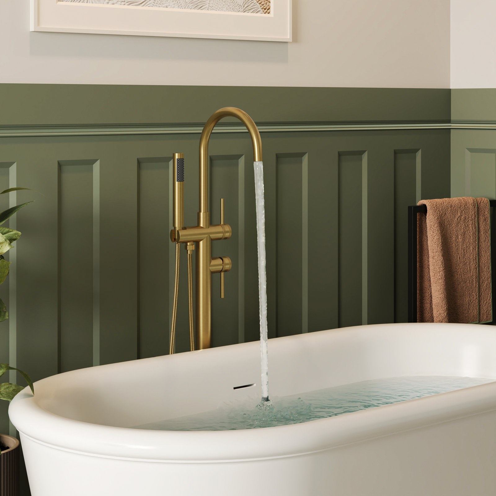 Freestanding Tub Filler with Hand Shower, Brushed Gold
