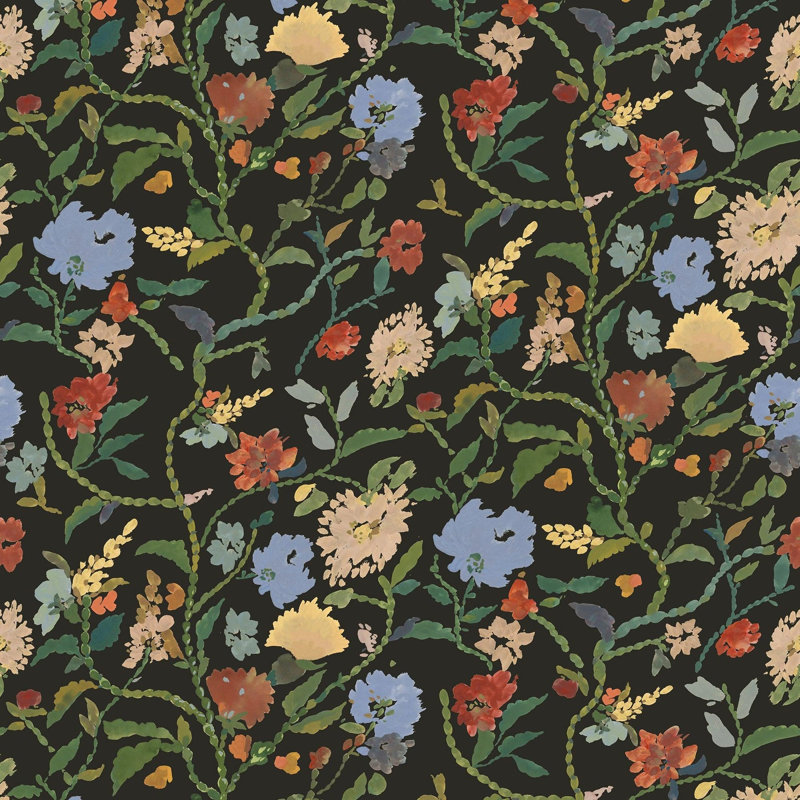 Painted Flower Patch - Morning Bloom Botanical Wallpaper, Black; Red; Green, Faux Grasscloth, Non-Pasted