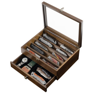 Knife Display Case, Knife Collection Display Holder With Glass Lid, 2-layer Wooden Pocket Knife Case With Drawers