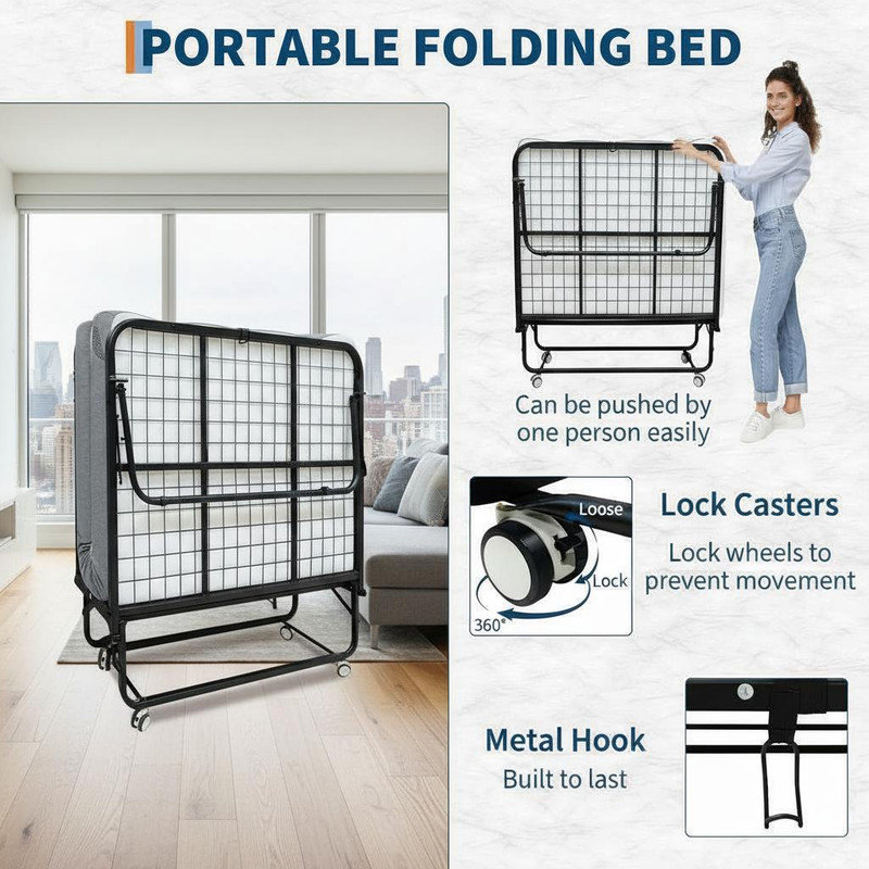 Folding Bed with Mattress for Adults - Sturdy Metal Frame Supporting 450 Lbs, 5 Inch Memory Foam Mattress for Comfort, for Guest Bedroom or Office