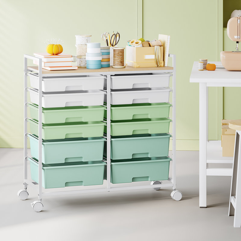 Chariot utilitaire roulant 12 tiroirs avec plateau en bois, rangement pour artisanat mobile et organisateur de fournitures d'art, chariot roulant pour bureau à domicile, rangement pour salle de classe avec roues