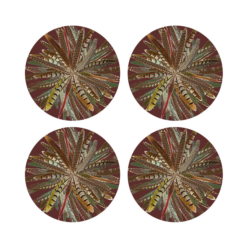 Pheasant Feathers Vegan Leather Round Pebble Placemat, Porto