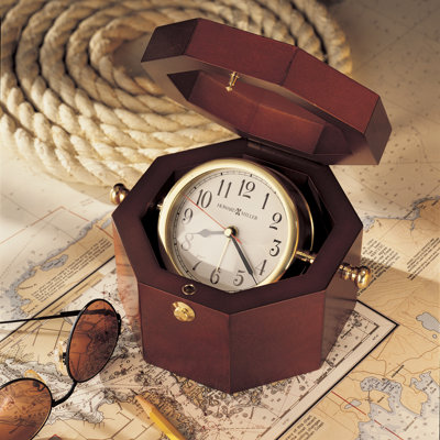 Chronometer Nautical Tabletop Clock, Octagonal Hardwood Chest, Swiveling Gimbals, Quartz Alarm Movement