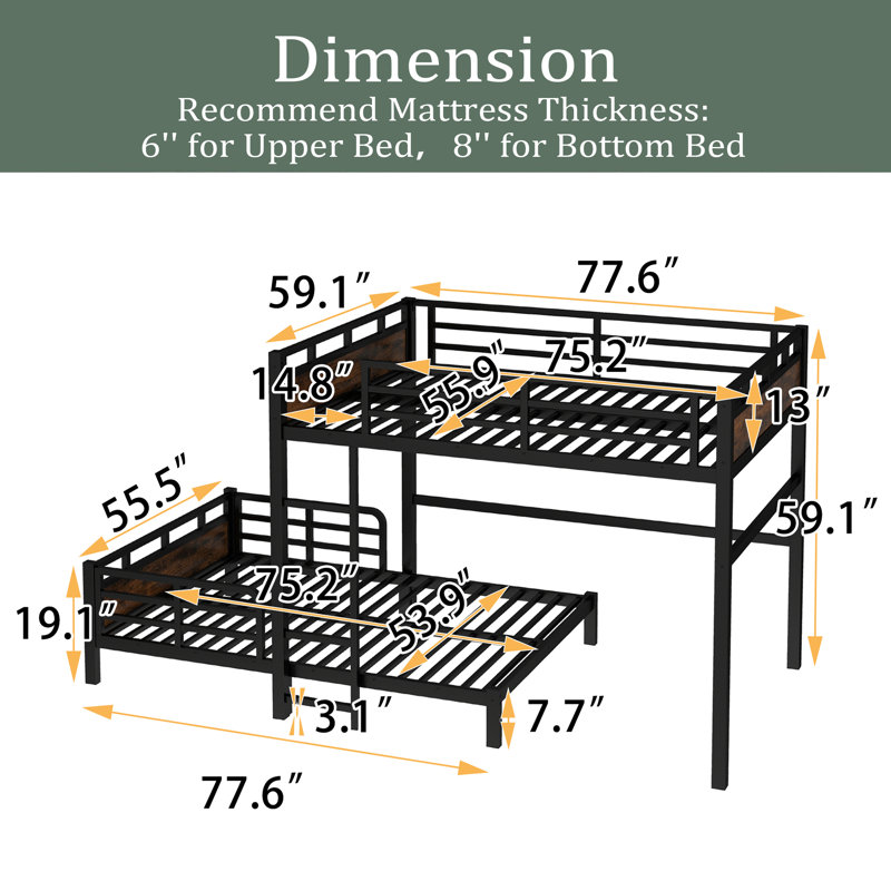 Metal Bunk Bed/Metal Loft Bed,Separable Bunk Beds,With Raised Security Fence, Wood, Full Over Full