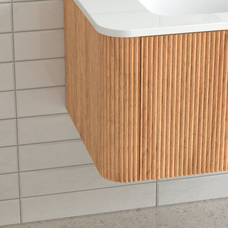 Meuble-lavabo suspendu de 76 cm (30 po) avec lavabo en céramique blanche, noyer naturel, bords arrondis, préassemblé, fermeture amortie, tiroir de rangement spacieux, style américain