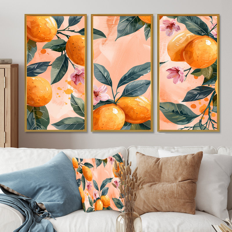 Yellow Pink Floral Orange Trees III - Fruits Wall Art Set, Gold Floater Framed, 28" H x 36" W