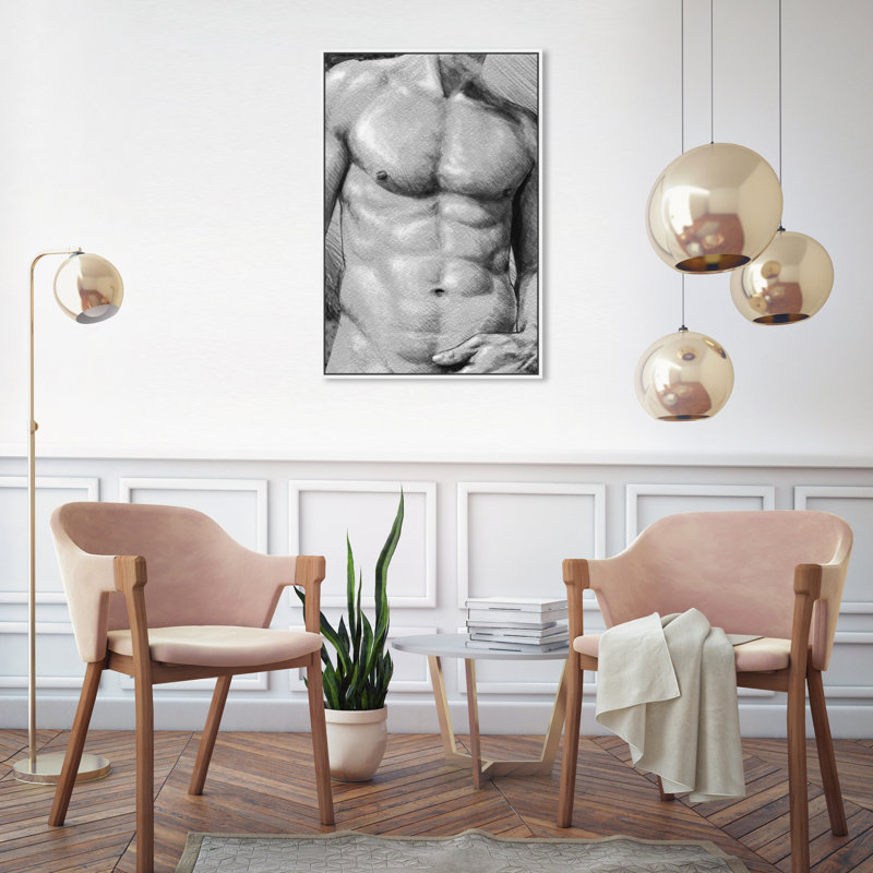 Torse mâle en gris - impression, Cadre en bois blanc, H 31 po x l 21 po x P 1,75 po