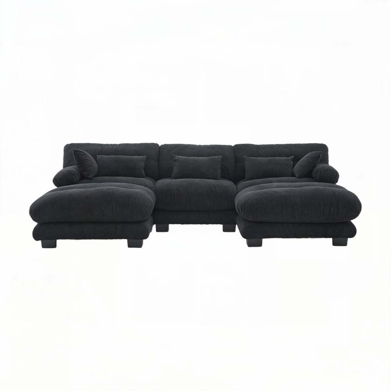 U Shape Cloud Couch With 2 Ottomans, Black
