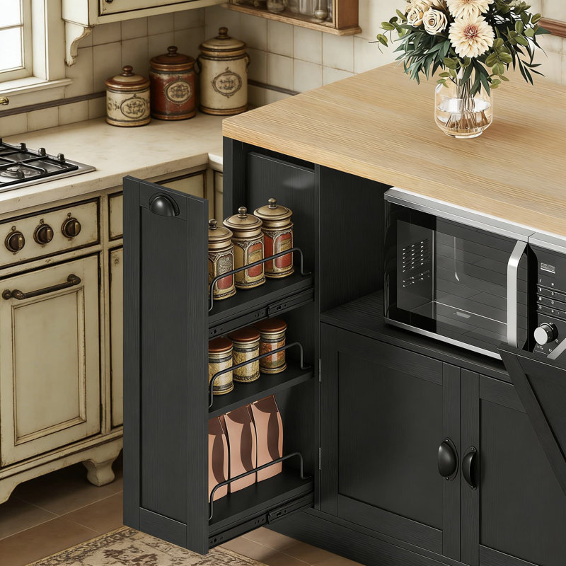 Large Kitchen Island With Storage, Power Outlet And USB Ports, Built-In LED Lighting, Pull-Out Spice Rack And Trash Can Cabinet, Rolling Cart Design For Dining Room
