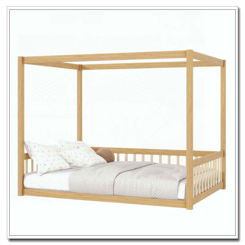 Lit en bois d'hévéa avec clôture Canopy, Naturel