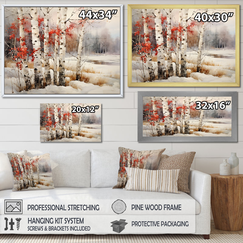 Bois de bouleau blanc et rouge en hiver IV sur toile, Toile tendue, H 34 po x l 44 po