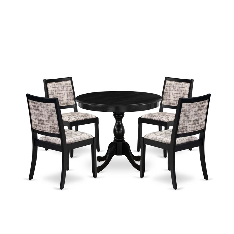 L'ensemble de salle à manger 5 pièces comprend une table de cuisine ronde avec plateau de table noir brossé et 4 chaises empilables en tissu de polyester, noir brossé
