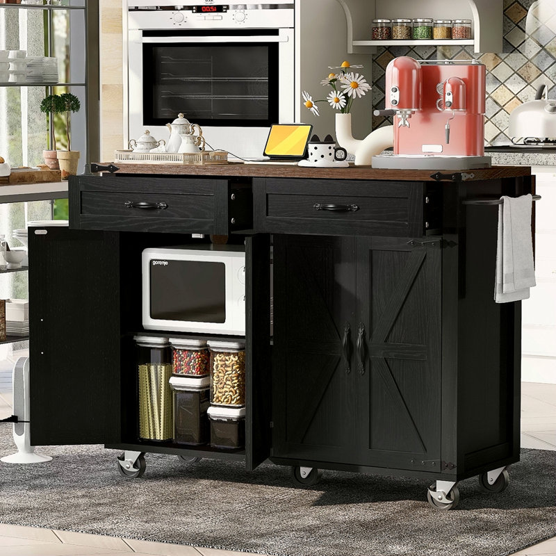 53.5''Farmhouse Kitchen Island With Power Outlet, Kitchen Storage Island With Drop Leaf, Spice Rack And Drawer, Rolling Kitchen Cart On Wheels, For Home, Kitchen And Dining Room