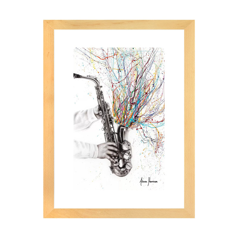 «The Jazz Saxophone» par Ashvin Harrison - reproduction imprimée, H 24 po x l 16 po x P 1 po, Papier encadré noir, Blanc