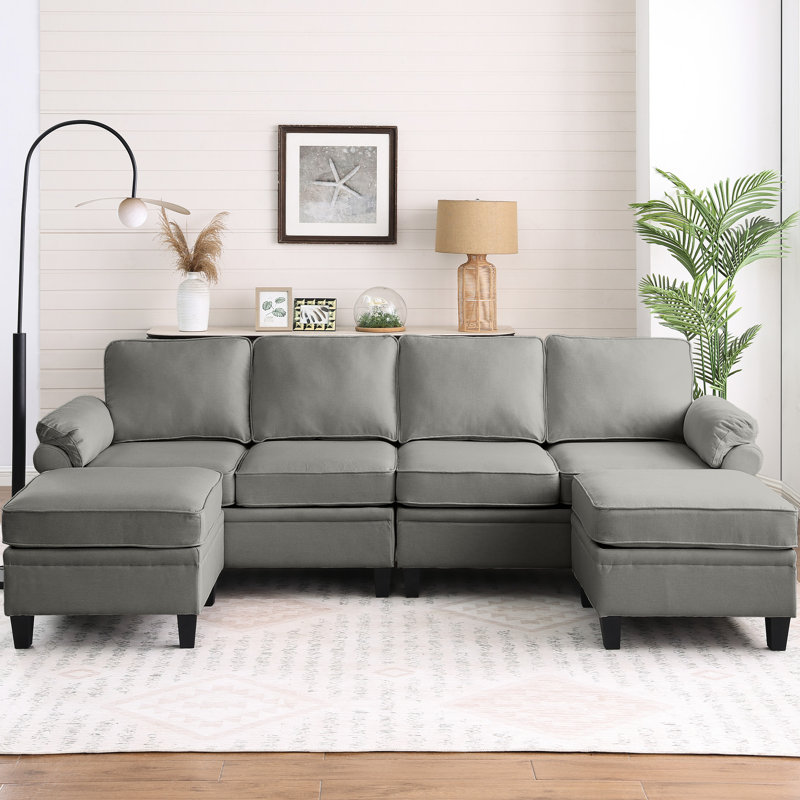 Canapé d'angle en L de 265 cm (104,41 pouces), lin gris foncé, bois brun, 6 places, rangement, rembourrage en mousse double couche, dossier divisé, style contemporain profond.