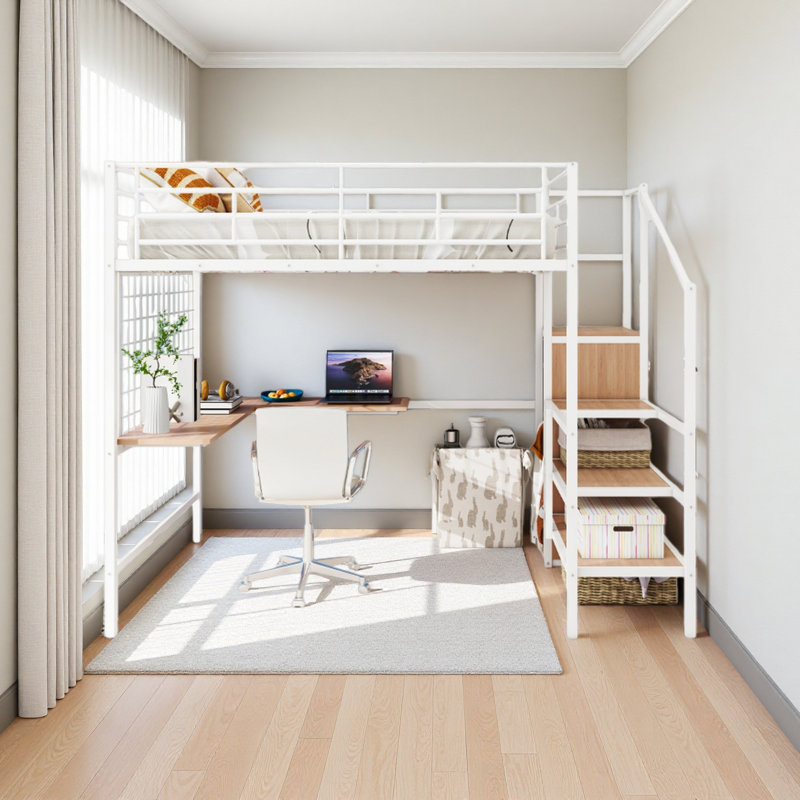 Full Size Metal Loft Bed With Desk And Metal Grid, White