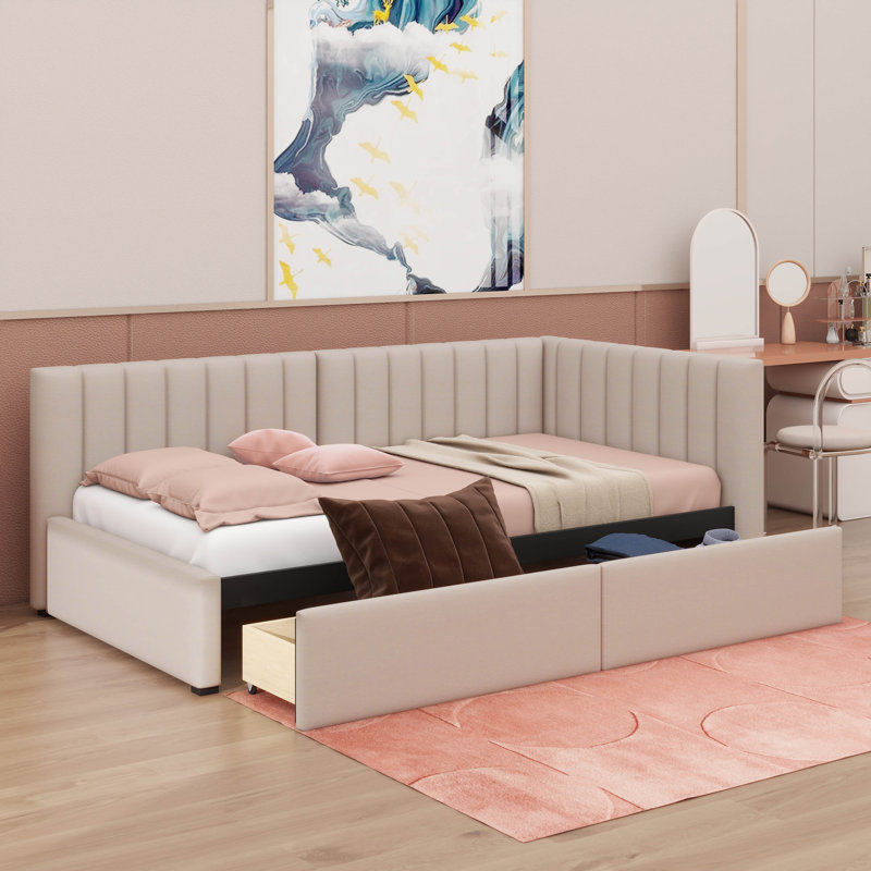 A Twin-Size Upholstered Daybed With Two Storage Drawers, Beige