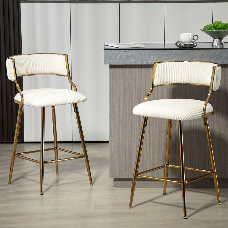 Tabouret de bar 26 po à hauteur de comptoir en velours côtelé avec dossier, base dorée et repose-pieds, Blanc