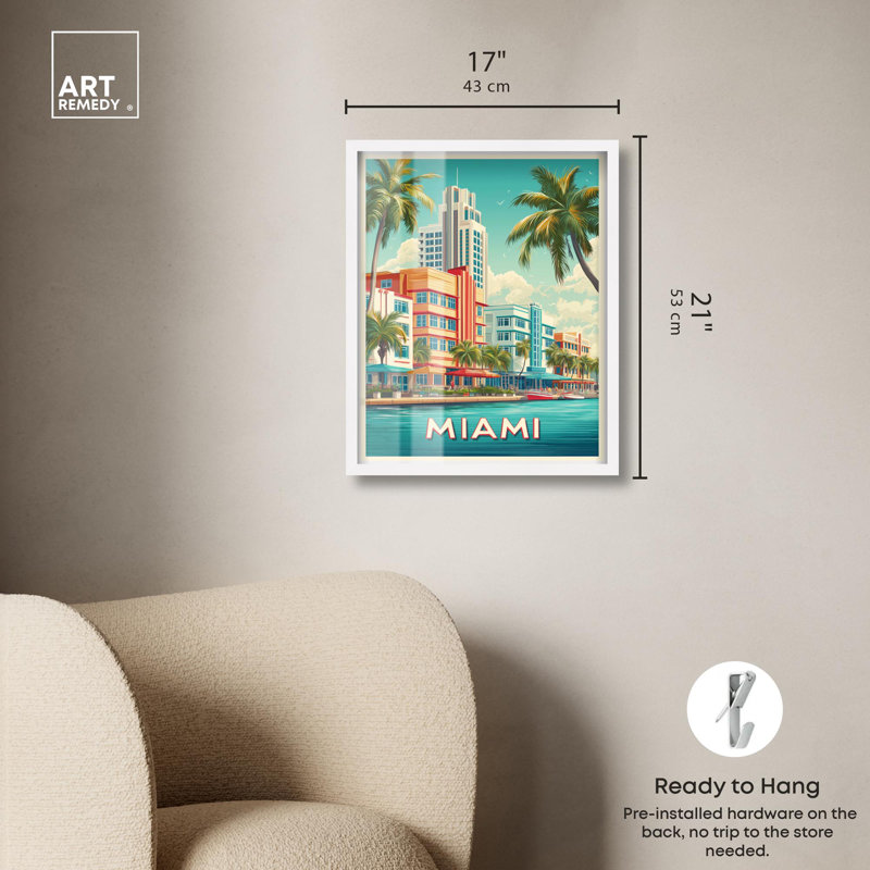 «Miami Deco I Shadowbox Print Retro Summer Decor» par Art Remedy, H 21 po x l 17 po, Blanc