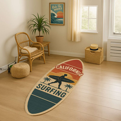 California Surfing Retro Surfboard Accent Rug (Multi-Color)