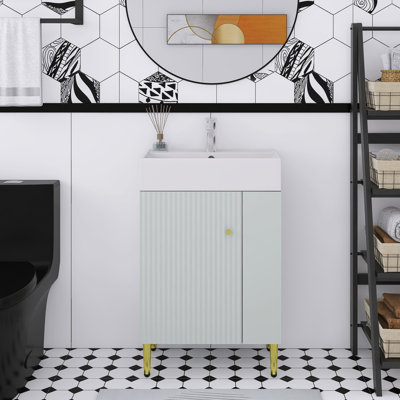 Meuble-lavabo autoportant de 22 po avec lavabo simple en céramique et porte à fermeture en douceur, rangement sur le côté droit