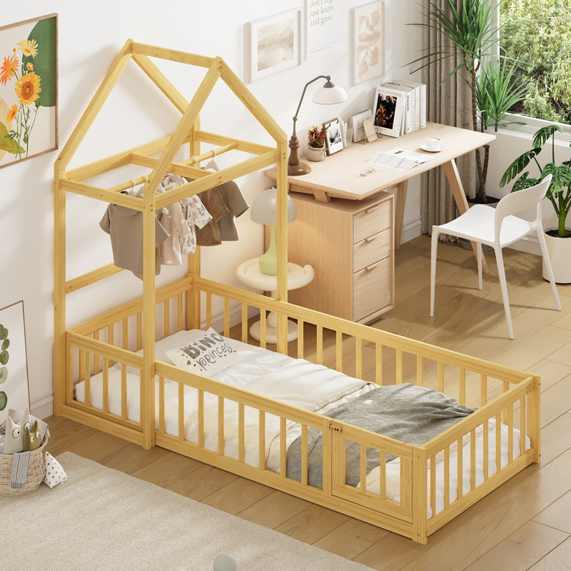 Lit de plancher en bois avec rampes de clôture et tête de lit détachable en forme de maison, lit de taille avec support pour enfants, structure de maison de jeu pour enfants Montessori,