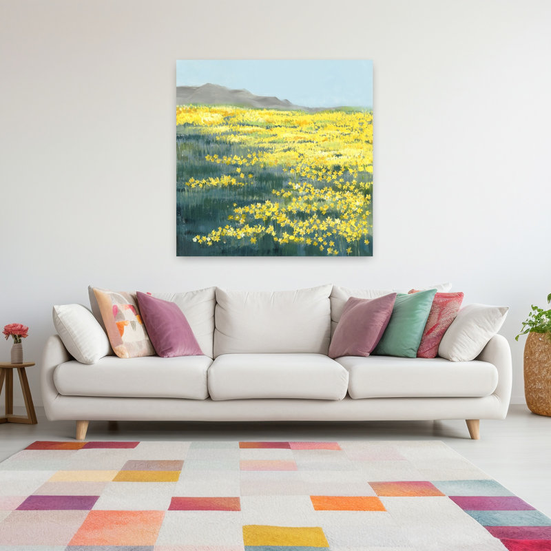 Champ de fleurs dorées, paysage contemporain abstrait, art mural, H 48 po x l 48 po