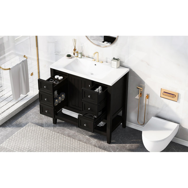 Ensemble de meuble-lavabo 36 po avec lavabo, une armoire et trois tiroirs, bois massif et panneau de fibres à densité moyenne